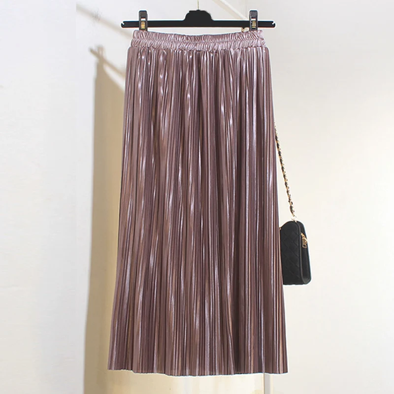 Saimishi, Длинная женская плиссированная юбка цвета металлик, черные эластичные юбки с высокой талией, весенне-осенние модные повседневные винтажные вечерние юбки макси - Цвет: Pink