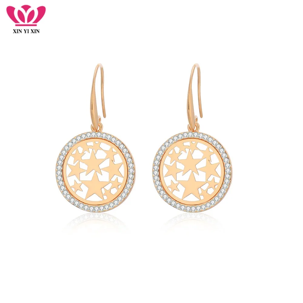 

Punk Gold Round Hollow Stars Drop Earrings For Women Copper Clear Crystal Earring New Fashion pendientes mujer Jewelry Gift 2018