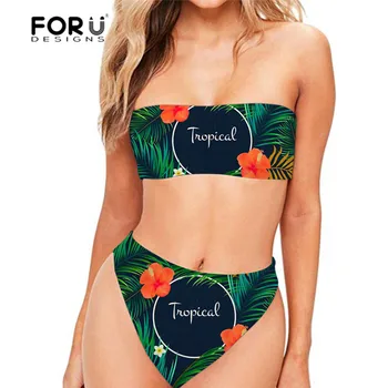 

FORUDESGINS Summer Tropical Printing Bikini Set Women Swimsuit Plus Size XXL Middle Waist Swimwear Female Swimming Suit Ladies