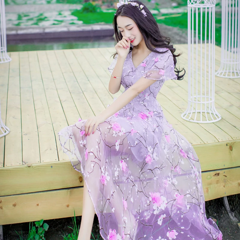 

Vestidos Lace Dress Elegant Women V-neck Short Sleeve Party Dresses Summer 2019 Casual Floral Embroidery Beach Dress