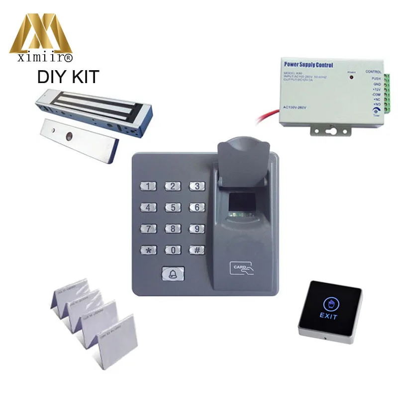 

Optical sensor X6 fingerprint access control with RFID card reader +108kg EM lock 12V3A power supply touch exit button ID key