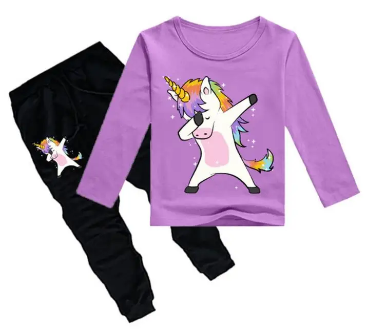 Детская демисезонная Одежда для мальчиков и девочек с изображением единорога, спортивный костюм для детей 2-12 лет, футболка+ штаны, пижамный комплект из 2 предметов
