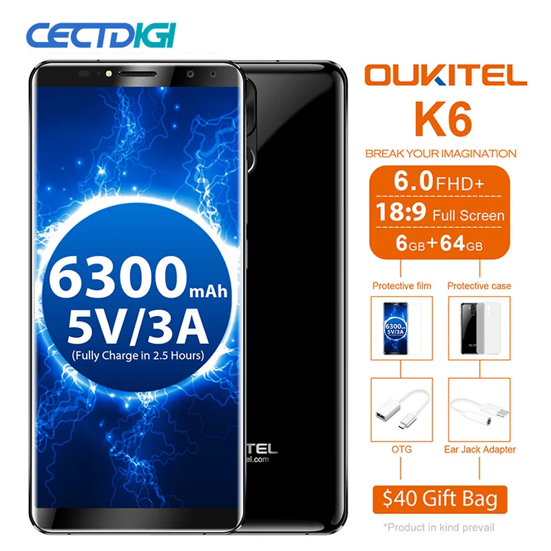Смартфон Oukitel K6 на Android 6 0 восемь ядер экран 6300 дюйма ГБ + 64 ГБ|6.0 inch|mobile phoneocta core |