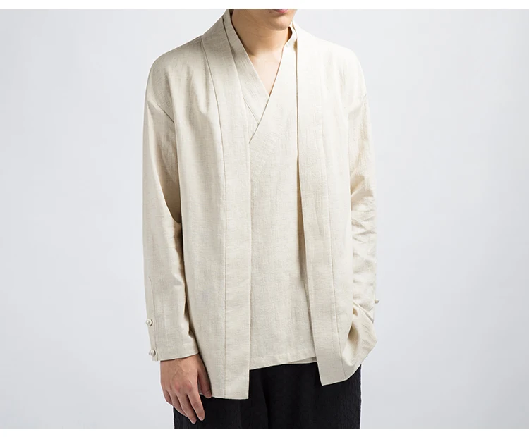 4349 повседневное винтажное фальшивое двухсекционное хлопковое льняное пальто с v-образным вырезом мужское кимоно куртка в китайском стиле свободного кроя размера плюс 4XL Белый/Черный