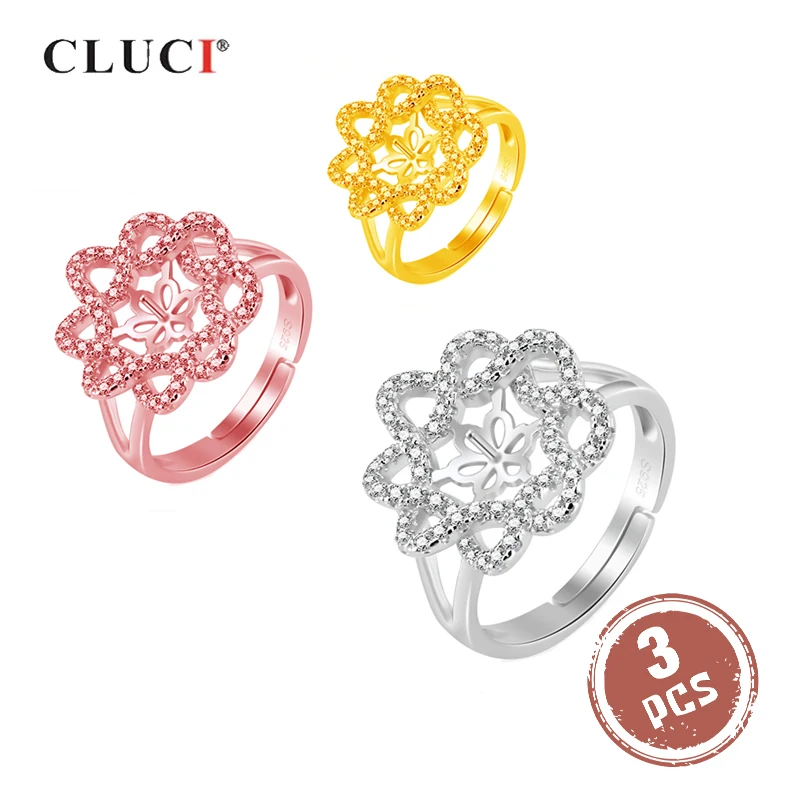

CLUCI 3pcs Silver 925 Ring Women Jewelry Pearl Ring Mounting 925 Sterling Silver Adjustable Open Ring Jewelry Flower Ring