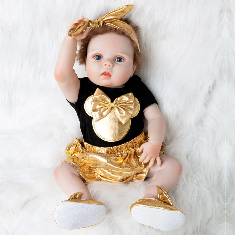 

Gold Reborn Dolls Baby Toys Girl 55cm Doll Newborn Christmas Gifts & Clothing Sets Cute Cotton Romper+Bloomers+Shoes+Headband