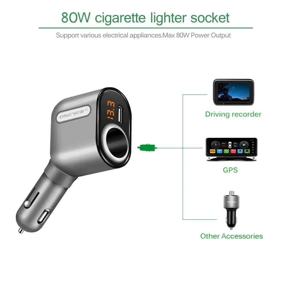 Onever 3 порта USB Автомобильное зарядное устройство автомобильного прикуривателя разъем сплиттер адаптер питания зарядное устройство Макс 5 в 3.1A выход напряжение дисплей