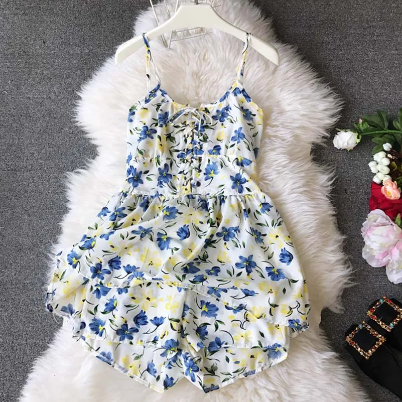 Printed Floral Lace Up Summer Playsuits Retro Daisy Flowers High-waist Suspender Beautiful Chiffon Rompers for 2019 Printed Floral Lace Up Summer Playsuits Retro Daisy Flowers High-waist Suspender Beautiful Chiffon Rompers for 2019