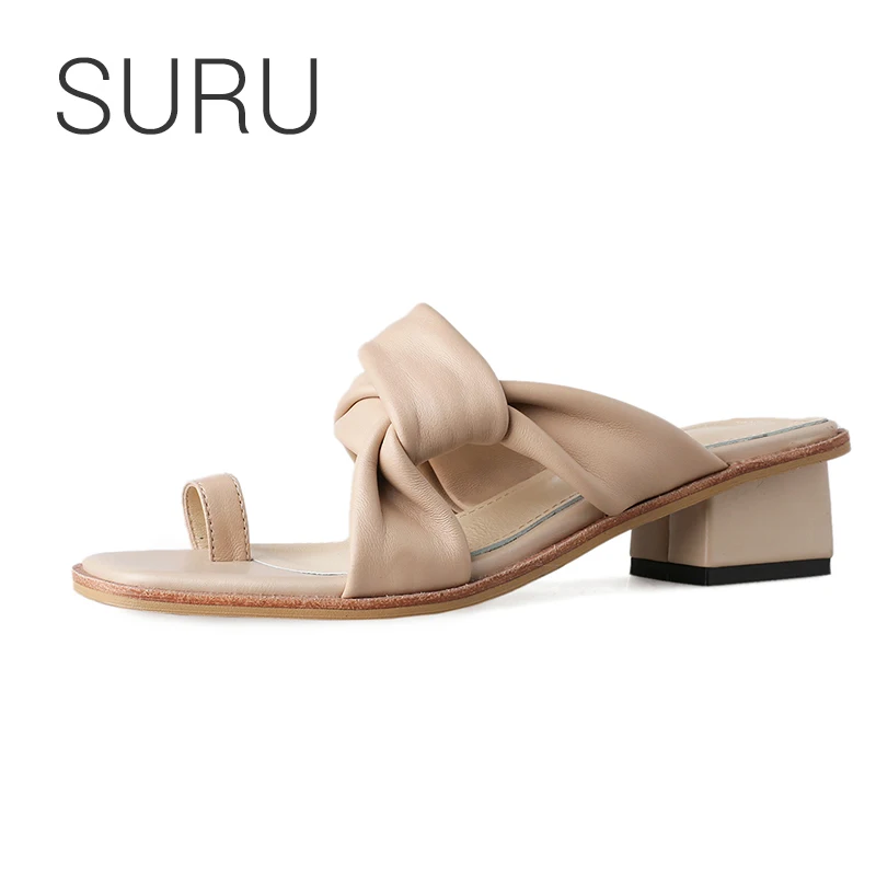 

SURU Ladies Leather Thong Sandals Women Sheepskin Square Toe Low High Heels Slippers