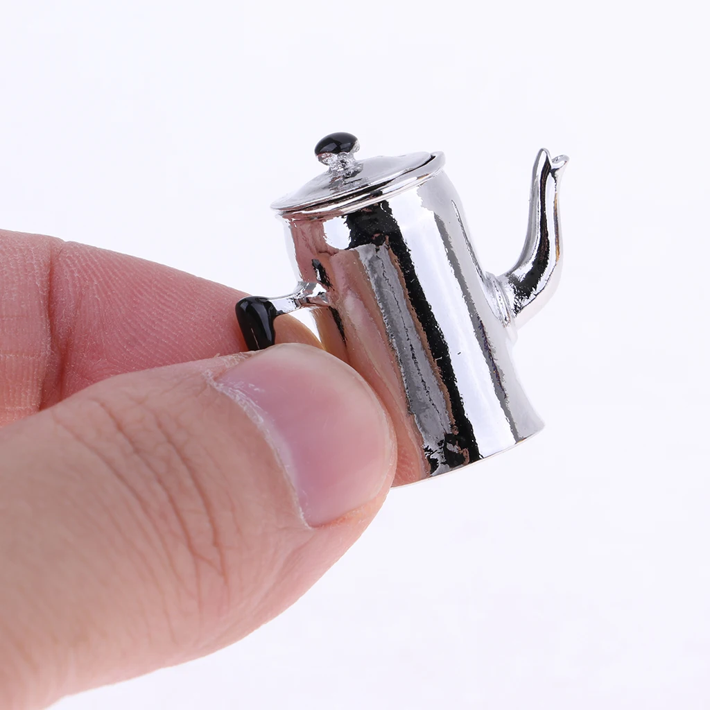 1/12 Miniature Tea Kettle Dollhouse Miniature Milk Pot Toys Alloy Water Kettle Model Kitchen Cookware Accessory Silver