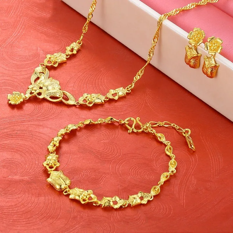 OMHXFC,, Европейская мода, женский свадебный подарок, винтажный цветок, 24 К, золотое ожерелье+ браслет+ серьги-гвоздики, ювелирный набор, ET01