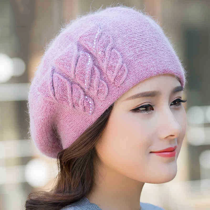Angora Beanie Women Winter Hat Warm Knit Cap Beret Headwear Double Layer Casual Soft Classic Thermal Snow Outdoor Accessory (6)