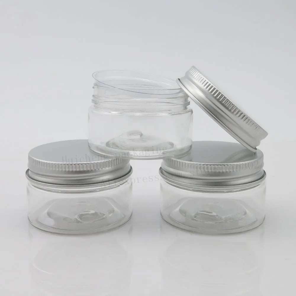 50pcs/lot Empty PET Plastic Jars Aluminum Silver Lids Clear Pots