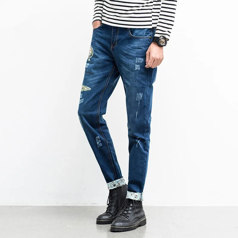 Разорвал Отверстие Джинсы Мужчин 2017 Мода Повседневная Мужские Прямые Fit Жан Для