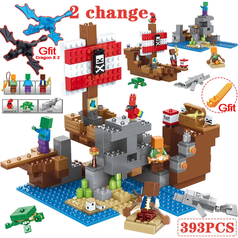 

393PCS Playmobil Compatible legoinglys Minecrafed Boat Pirate Ship my 21152 world Dragon Figures Building Blocks 18044 Toys gift
