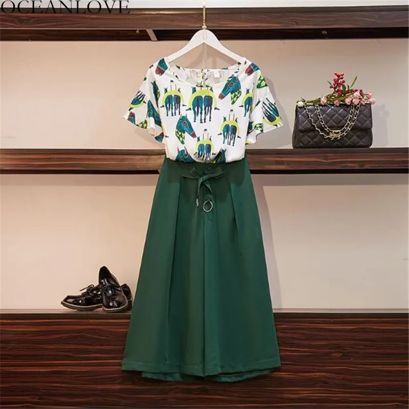 

OCEANLOVE Plus Size XL-5XL Two Piece Set Print Horse Short Sleeve T Shirt + Solid Button Wide Leg Pants Conjuntos De Mujer 11806