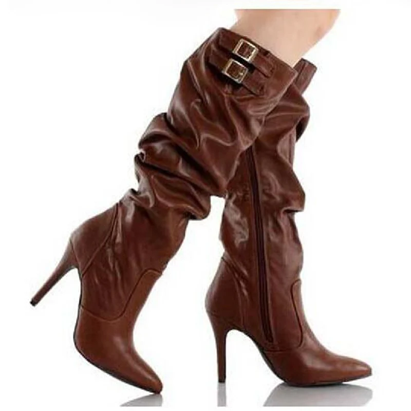 Hot Selling Women Motorcycle Boots High Quality Leather Pointed Toe Side Zipper Thin High Heels Bootas Knee High Boots Women