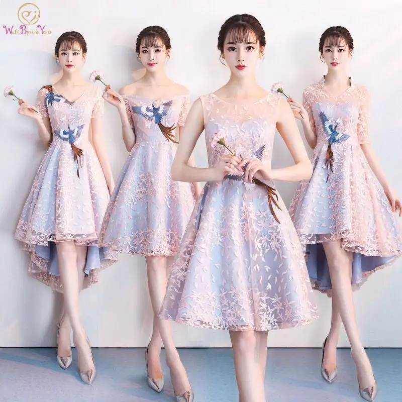 

Prom Dress Short Front Long Back Pink V-neck Lace Short Sleeve Magpie Pattern Formal Bestidos De Fiesta Party Evening Gown 2019