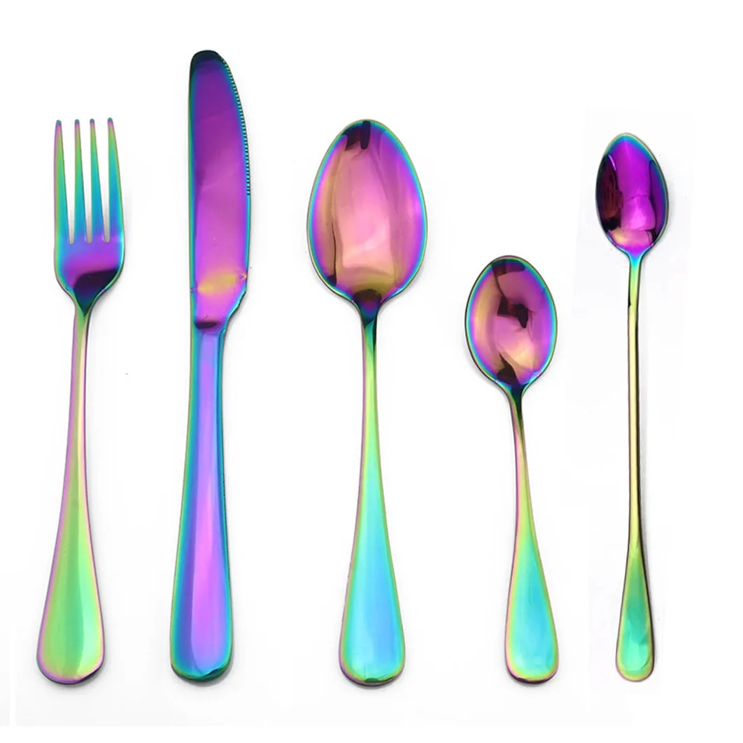 Набор радужных столовых приборов из нержавеющей стали, набор столовых приборов, фруктовые салатные вилки, длинная кофейная ложка посуда, набор услуг для 1 - Цвет: Rainbow  5pcs  A