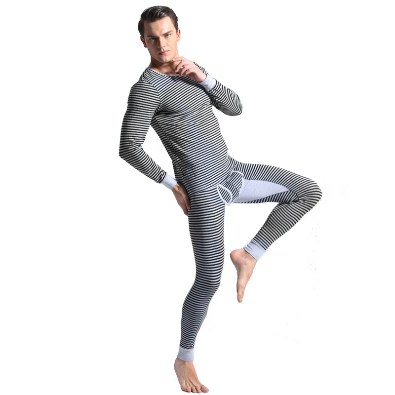 

Mens Thermal underwear sets 100% cotton anti-microbial men warm long johns fashion striped male winter thermo shirt+pants sets
