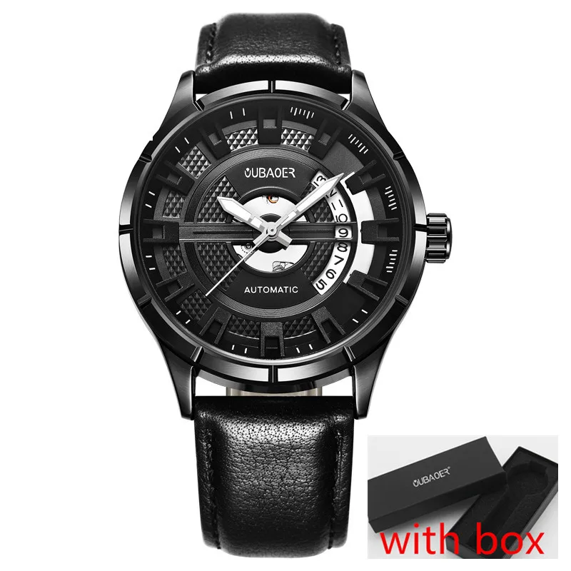 Для Мужчин Скелет наручные OUBAOER из нержавеющей стали Повседневное Автоматическая Скелет механические часы мужской reloj hombre - Цвет: whole black 023 box