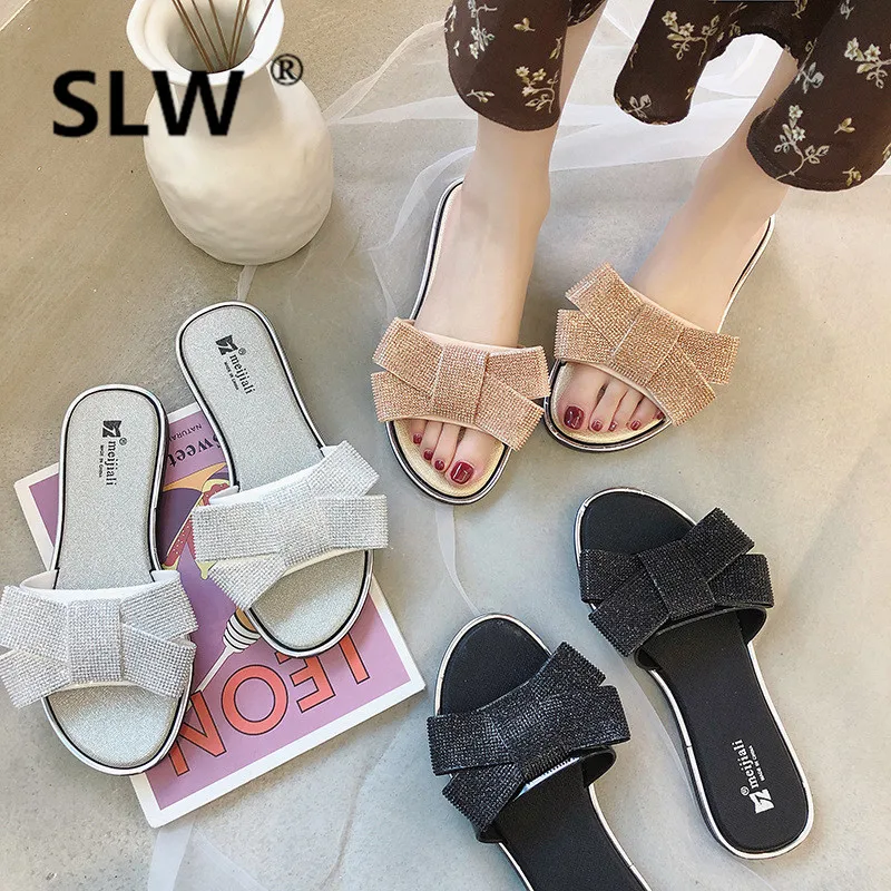 

plastic slides women crystal bow-knot beach shoes summer new hot outside open toe platform slippers woman brand flip flops