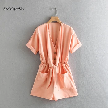 

SheMujerSky Office Lady Jumpsuit Summer Pink Women Rompers 2019 Bow Tie Overalls overol mujer