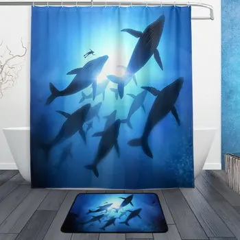 

Sea Whale Animal Shower Curtain and Mat Set, Ocean Creature Waterproof Fabric Bathroom Curtain and Rug Set with Hooks