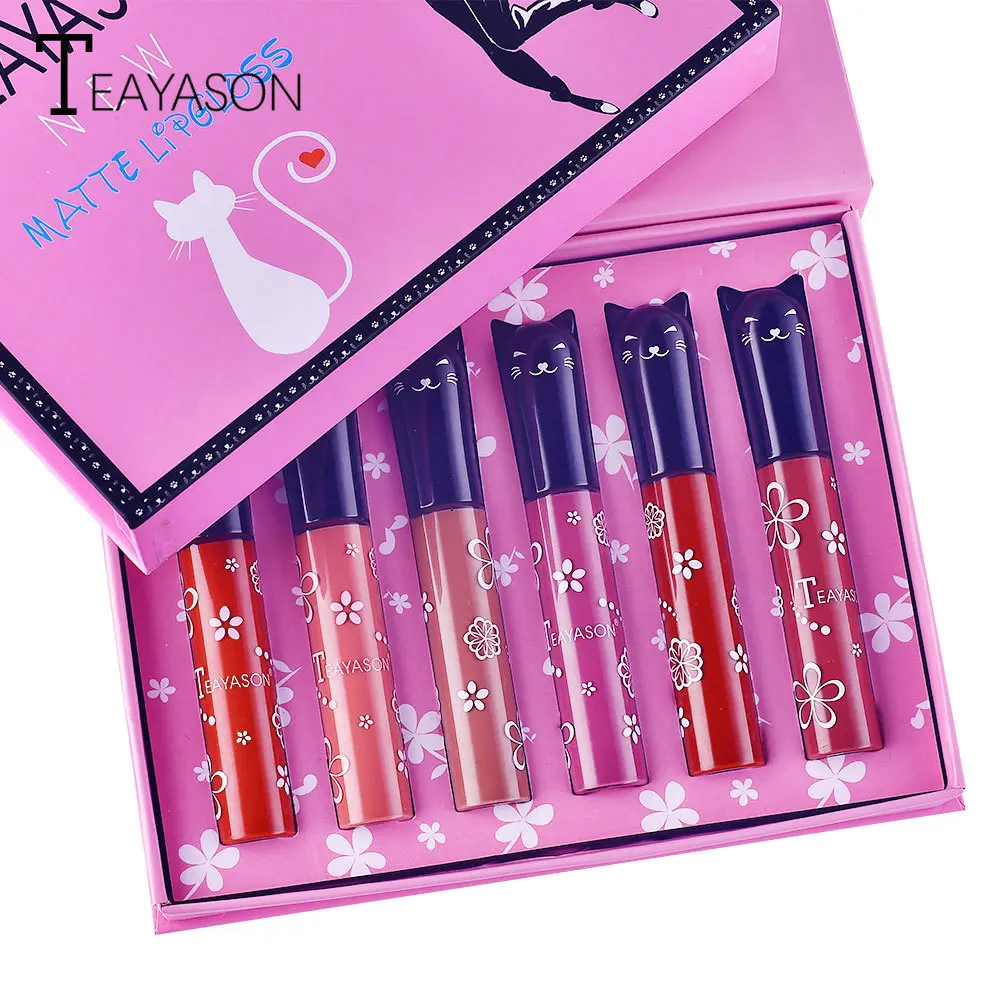 6pcs/set Matte Lip Gloss Cute Cat Shaped Lipstick Set Not Fade Waterproof Lip Gloss Nude Velvet Lips Sexy Lip Glaze Cosmetic