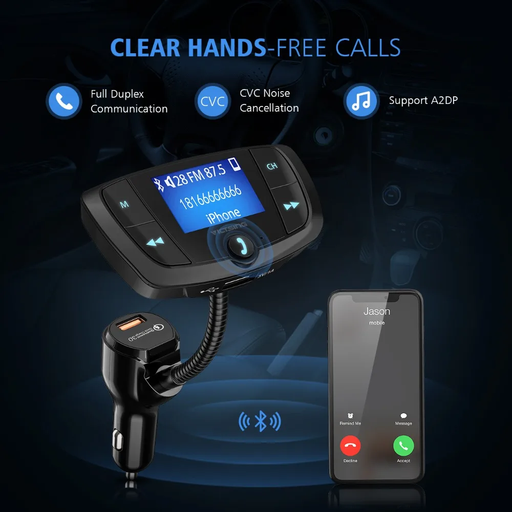 VicTsing Bluetooth FM Transmitter QC3.0 Car Wireless Radio Adapter Hands-Free Calls Dual USB Ports mp3 Player Radio Transmitters (9)