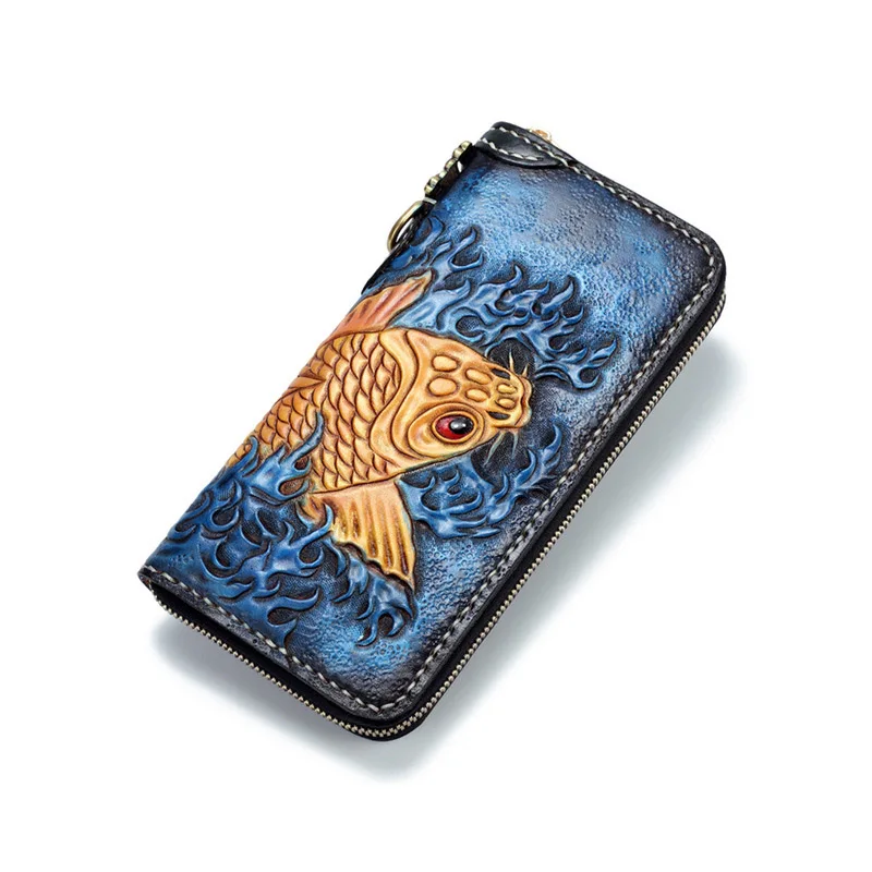 

Vintage hand-carved leather large-capacity wallet long carp pattern hand-stitched vegetable tanned leather top layer cowhide mul
