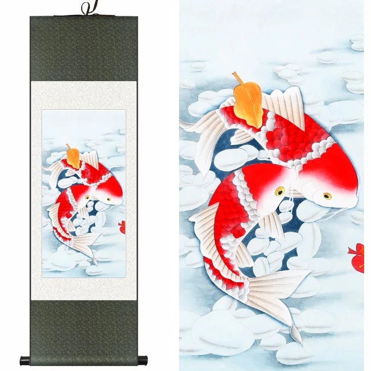 

Original Chinese Silk watercolor ink rich fish goldfish two red carp art canvas damask framed scroll painting wall picture