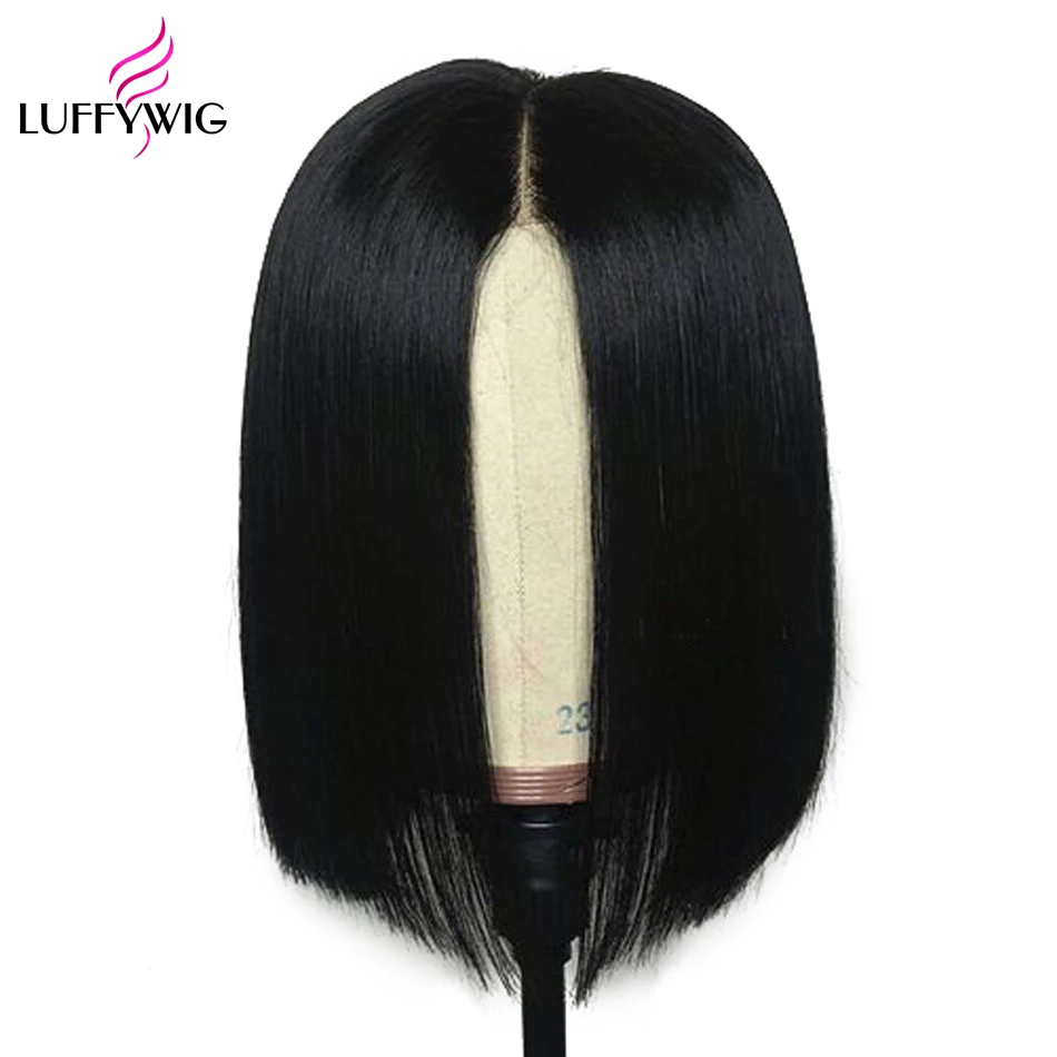 

LUFFYHAIR Peruvian Remy Human Hair Short Bob Full Lace Wig Straight Bob Cut Lace Wigs with Baby Hair Bleached Knots Middle Part