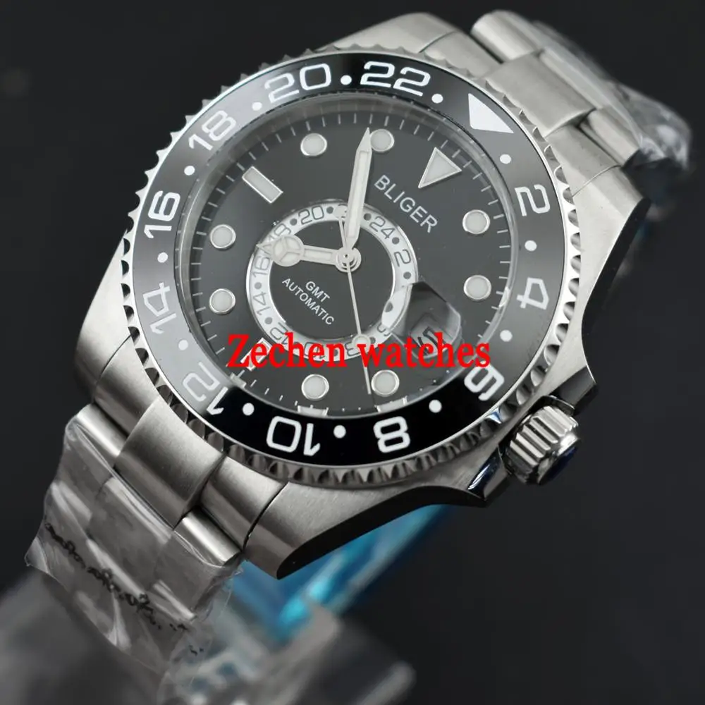 Bliger new 43mm Titanium Bezel GMT Black Sapphire Glass Luminous Hands Automatic Self-Wind Day Men's Watch | Наручные часы