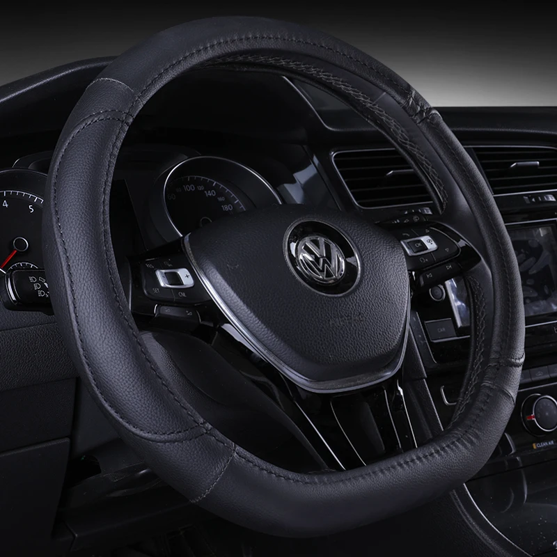 

KKYSYELVA Black Car Sport Steering Wheel Cover Leather Auto Steering Covers Universal 38CM wheel covers Car Inter Accessories