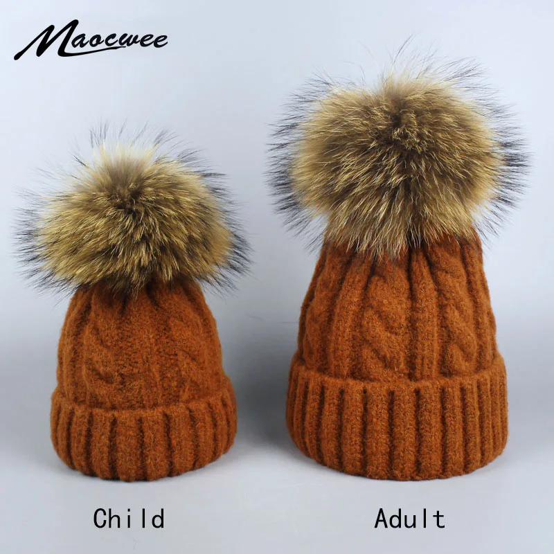 Зимние вязаные шапки Skullies, Лыжные шапки, теплая шапка для мальчиков и девочек, детей, взрослых женщин, брендовая шапка с помпоном из натурального меха енота