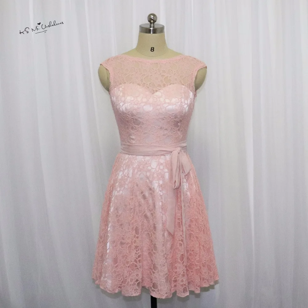 Pink Blush Bridesmaid Dress Lace Cap Sleeve Knee Length
