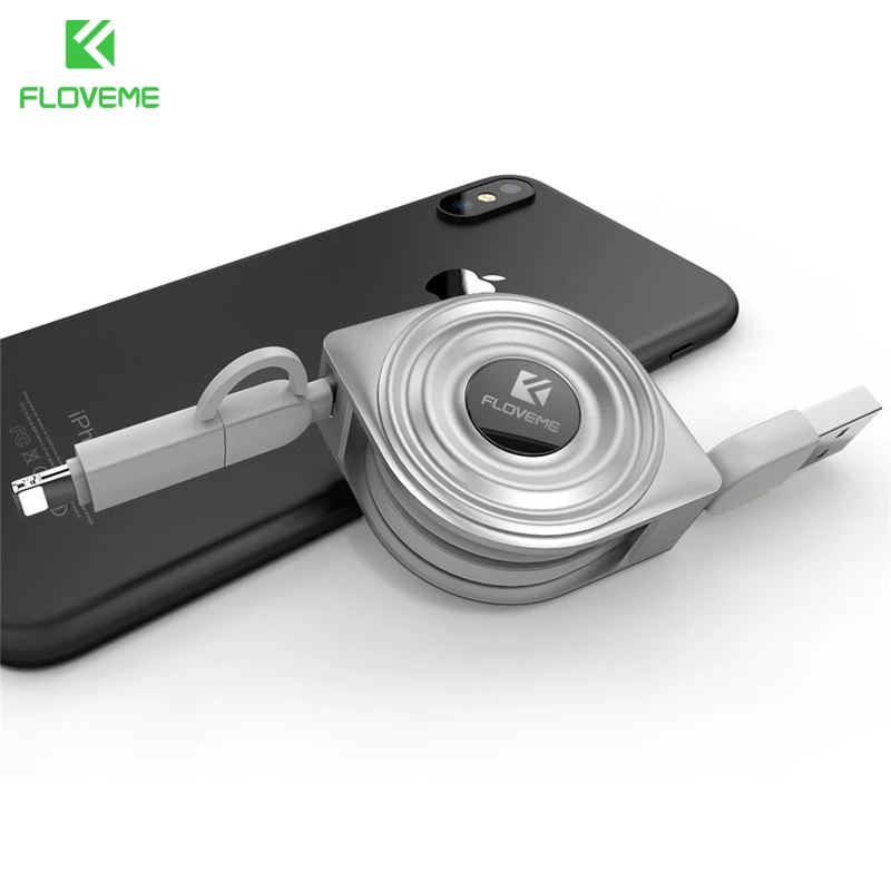 Floveme usb кабель 2 в 1 кабель Lightning/USB+ Micro USB Зарядное устройство Кабели для IPhone X 8 7 6 iPad air 1 м выдвижной для Xiaomi Кабос зарядка для телефона провод Micro usb - Цвет: Grey