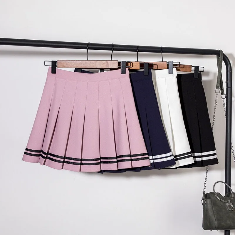 

Women Pleated Short Skirts Lolita Style Harajuku Kawaii Sweet Striped Skirts Mini Cute School Uniforms Saia Faldas Ladies Jupe