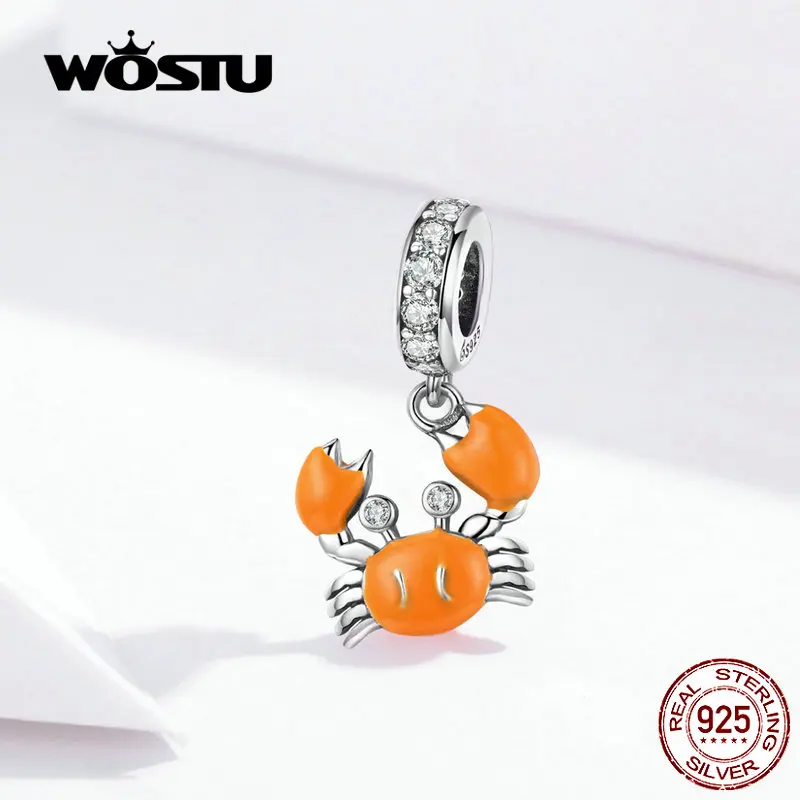 

WOSTU Orange Crab Dangle Charm 925 Sterling Silver Zircon Enamel Beads Fit Original Bracelet Charms For Jewelry Making FNC076