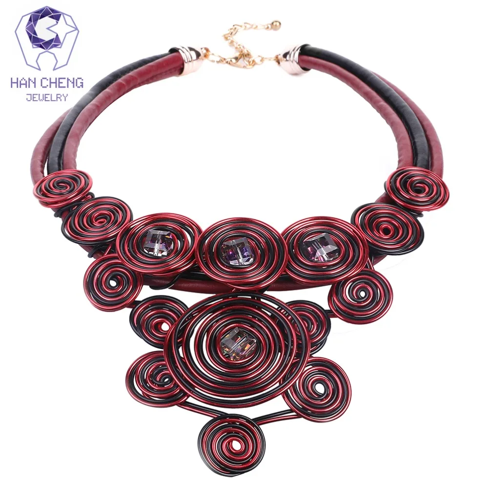 

HanCheng New Fashion Big Handmade Wire Leather Rope Gem Stone Crystal Statement Choker Necklace Women Necklaces jewelry bijoux