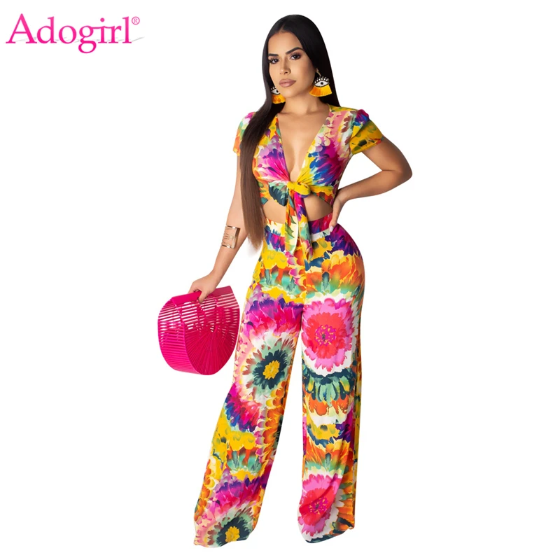 

Adogirl Tie Dye Floral Print Hollow Out Loose Jumpsuit Women Sexy V Neck Short Sleeve Crop Top Wide Leg Pants Casual Rompers