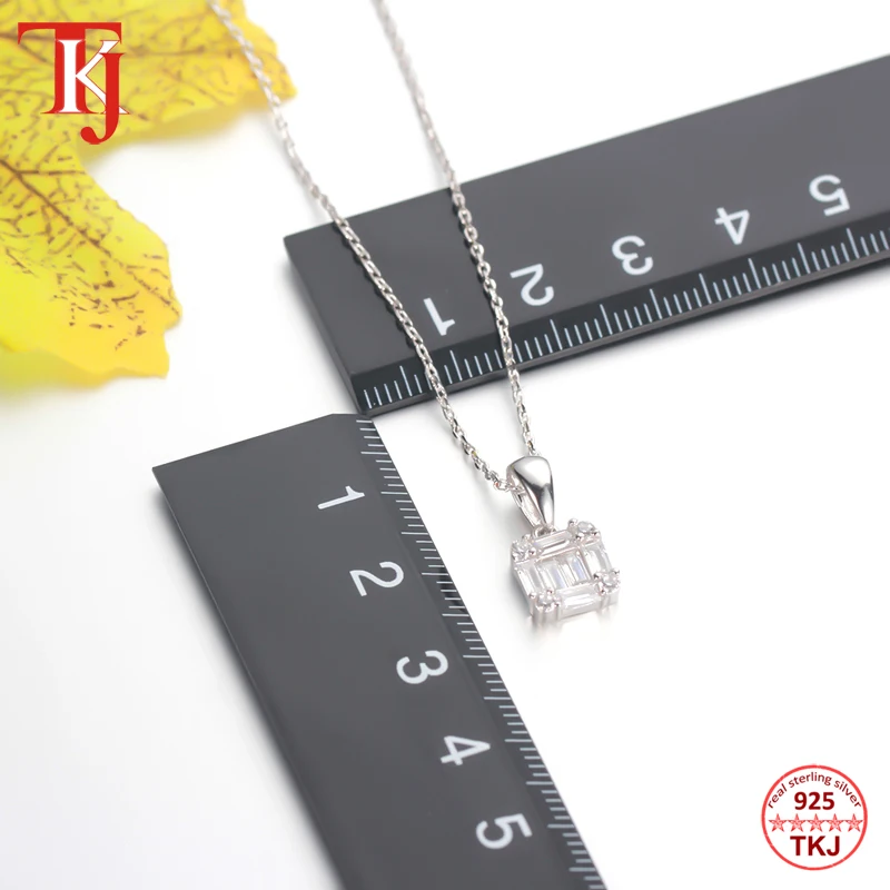 TKJ 925 Sterling Silver Pendant Square Baguette Pendant Daily Jewelry With Chian 40+5cm-3