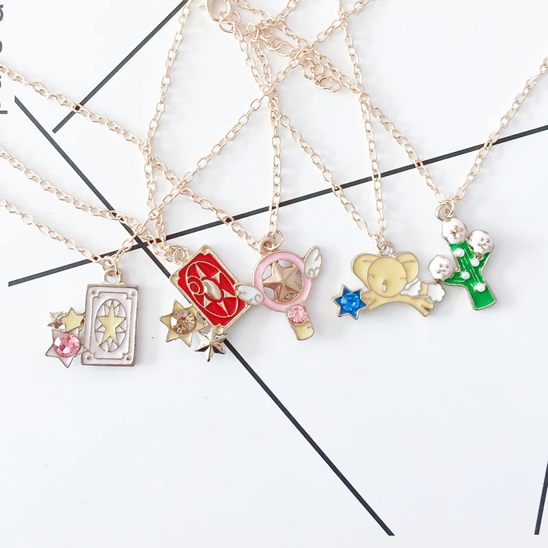 

Magic Sakura Staff Pendant Alloy Necklace Fashion Cartoon Magic Card Flower Cactus Metal Neck Link Cute Sweet Jewelry Accessorie