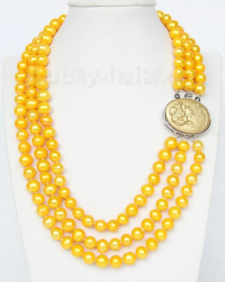 

Free shipping hot sale Women Bridal Wedding Jewelry >>16" 3row Strand 9mm yellow FW pearls necklace cameo seashell clasp