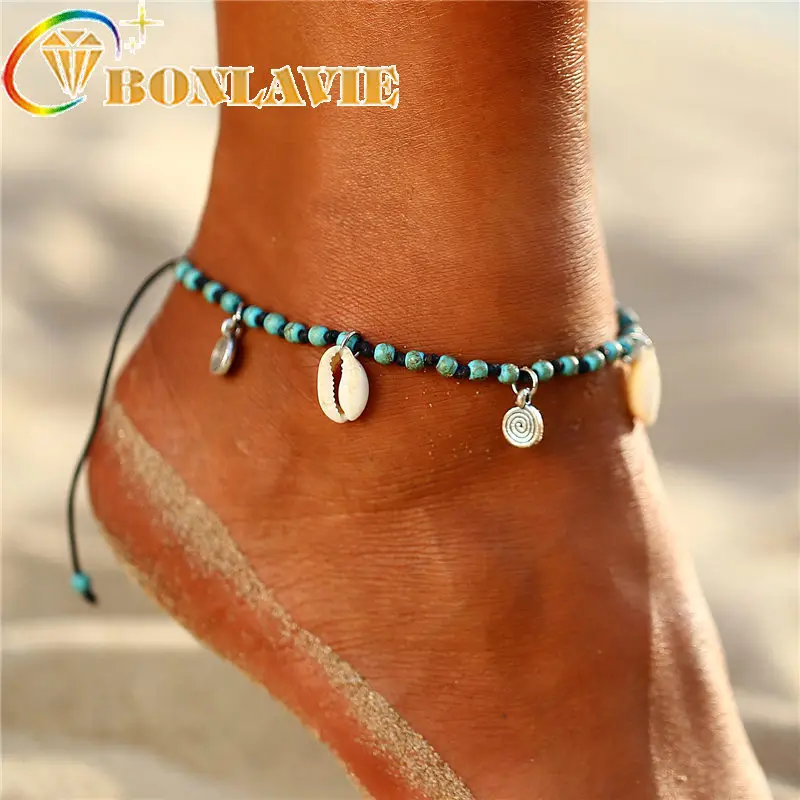 Vintage Stone Beads Anklet for Women Braided Wave Adjustable Anklets