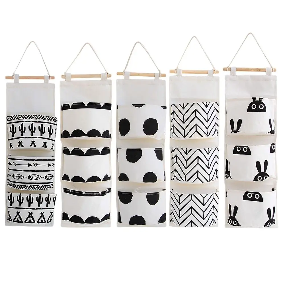 أسود أبيض نمط القطن الكتان حقيبة تخزين قابلة للحمل 3 جيوب الحائط خزانة حديقة معلقة الجدار الحقيبة لعب للتجميل المنظم
