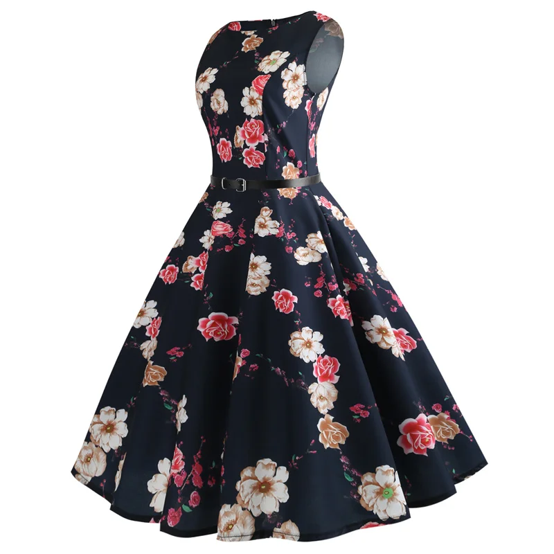 Kostlich O-Neck Floral Print Dresses 2018 Summer Hepburn Vintage Dress Women Big Swing Dress Plus Size S-2XL With Sashes (3)