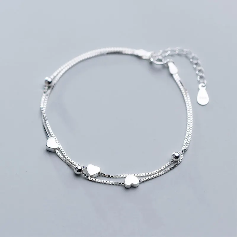 Двойной слой 925 пробы серебряные бусы, цепочка браслет для Для женщин шарм браслеты с сердечками и кольцеобразные браслеты для девочек леди Модные украшения подарок