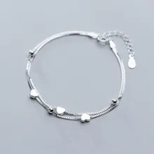 Двойной слой 925 пробы серебряные бусы, цепочка браслет для Для женщин шарм браслеты с сердечками и кольцеобразные браслеты для девочек леди Модные украшения подарок